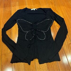 Manuri Butterfly Rhinestone Lace-up Top